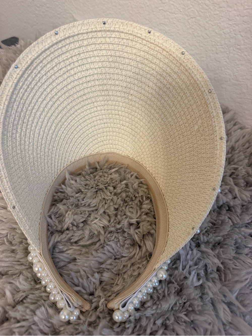 High quality Pearl-Embellished Straw Visor Hat - Cream - Picture 5 of 8